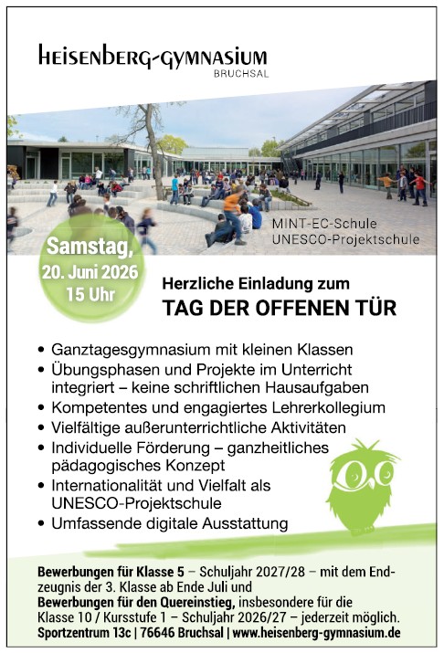 Einladung Tag der Offenen Tür 2026 Heisenberg-Gymnasium Bruchsal Tag der offenen Tür